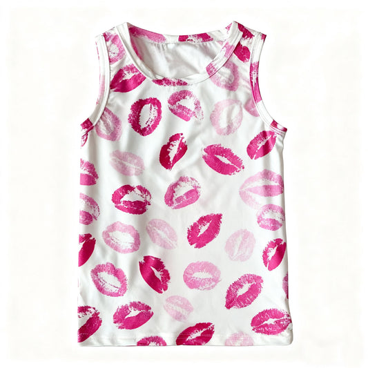 MOQ 5 PCS Preorder GT1419 Valentines Day Lipstick Marks White Sleeveless Girls Tops 202511