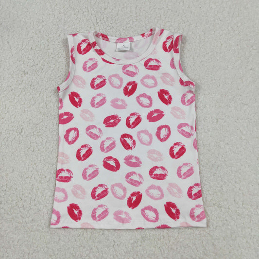 GT1419 Valentines Day Lipstick Marks White Sleeveless Girls Tops 202512 RTS