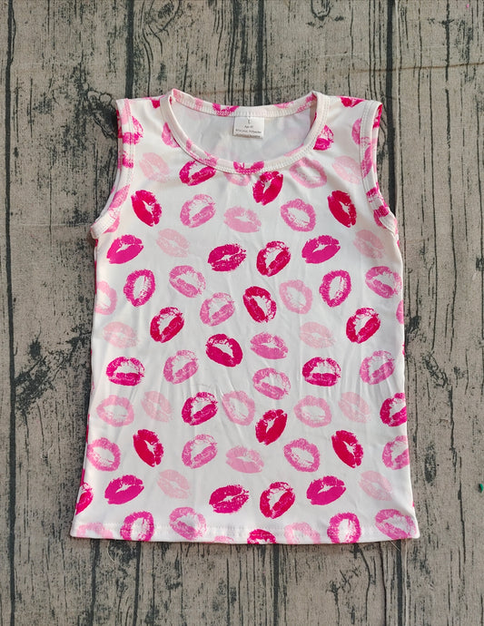 NO MOQ Preorder GT1419 Valentines Day Lipstick Marks White Sleeveless Girls Tops 202512