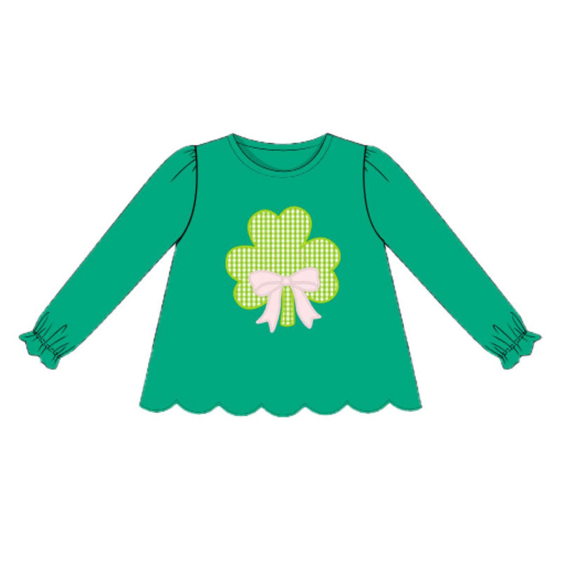 MOQ 5 PCS Preorder GT1421  St. Patrick's Day Four-Leaf Clover Bow Green Long Sleeve Girls Tops 202511