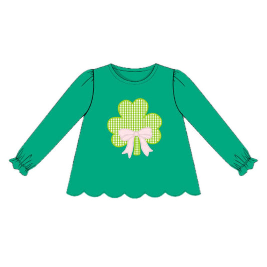 MOQ 5 PCS Preorder GT1421  St. Patrick's Day Four-Leaf Clover Bow Green Long Sleeve Girls Tops 202511