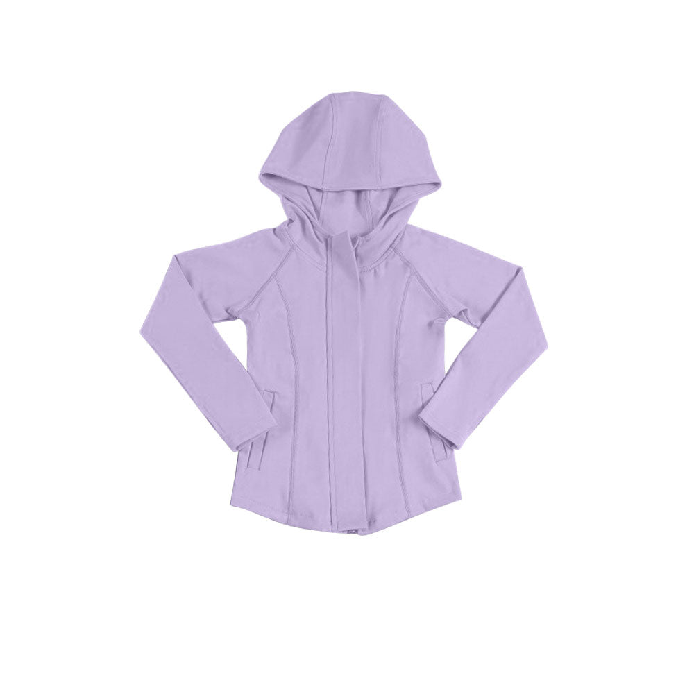 MOQ 5 PCS Preorder GT1436 Solid Light Purple Zip Hooded Long Sleeve Girls Yoga Tops 202511