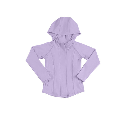 MOQ 5 PCS Preorder GT1436 Solid Light Purple Zip Hooded Long Sleeve Girls Yoga Tops 202511