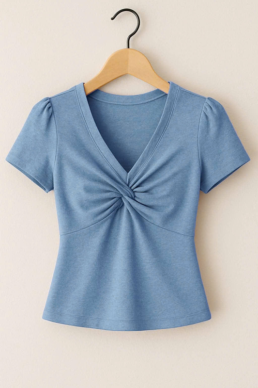 MOQ 5 PCS Preorder GT1447 Haze Blue V-Neck Knotted Short Sleeve Girls Yoga Top 202511