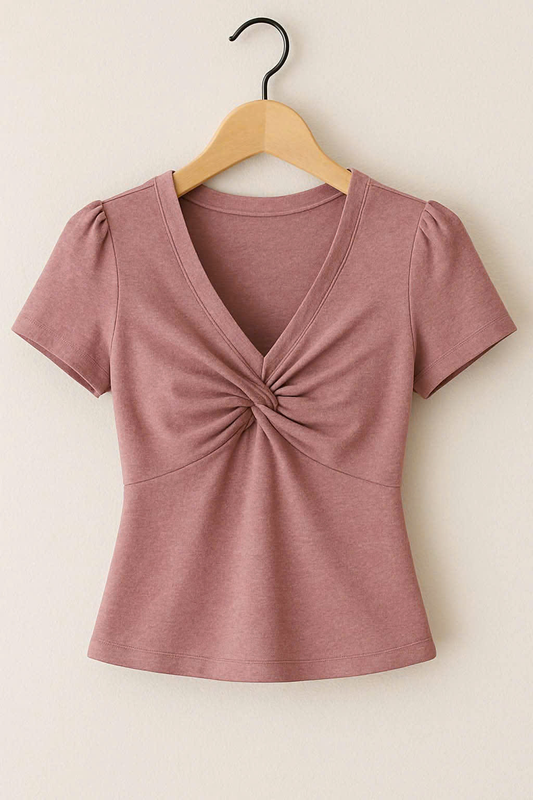 MOQ 5 PCS Preorder GT1448 Solid Lotus Root Pink V-Neck Knotted Short Sleeve Girls Yoga Top 202511