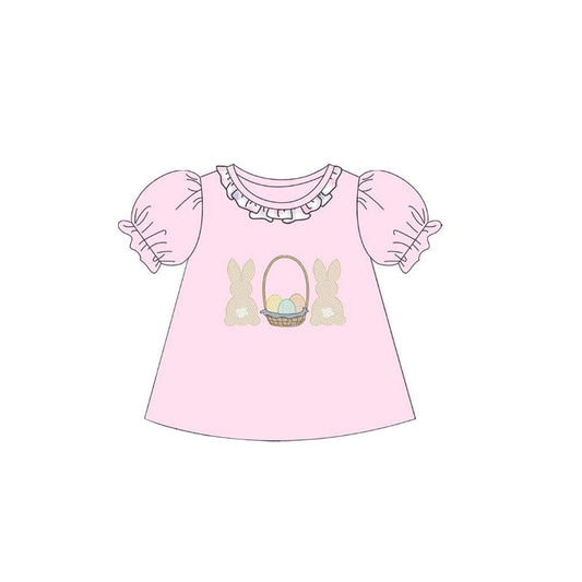 MOQ 5 PCS Preorder GT1478 Easter Bunny Colored Eggs Pink Ruffle Short Sleeve Girls Tops 202511