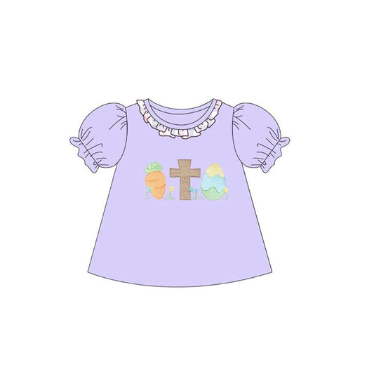 MOQ 5 PCS Preorder GT1479 Easter Bunny Carrots Cross Colored Eggs Purple Ruffle Short Sleeve Girls Tops 202511