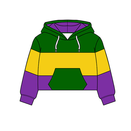 MOQ 5 PCS Preorder GT1481 Mardi Gras Pocket Hooded Long Sleeve Girls Yoga Tops 202511