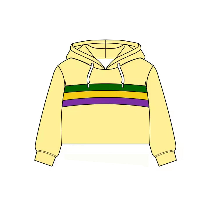 MOQ 5 PCS Preorder GT1483 Mardi Gras Pocket Light Yellow Hooded Long Sleeve Girls Yoga Tops 202511