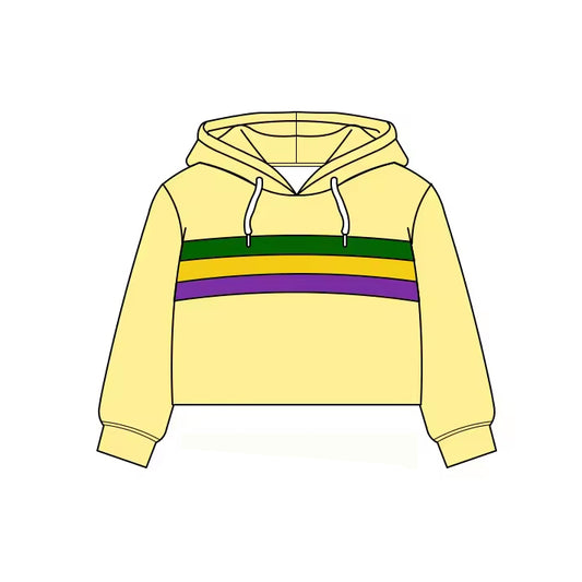MOQ 5 PCS Preorder GT1483 Mardi Gras Pocket Light Yellow Hooded Long Sleeve Girls Yoga Tops 202511