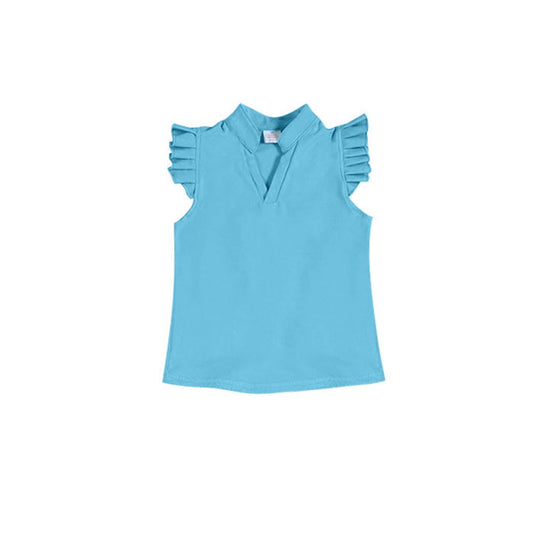MOQ 5 PCS Preorder GT1484 Solid Sky Blue Ruffle Flying Sleeve Girls Yoga Tops 202511