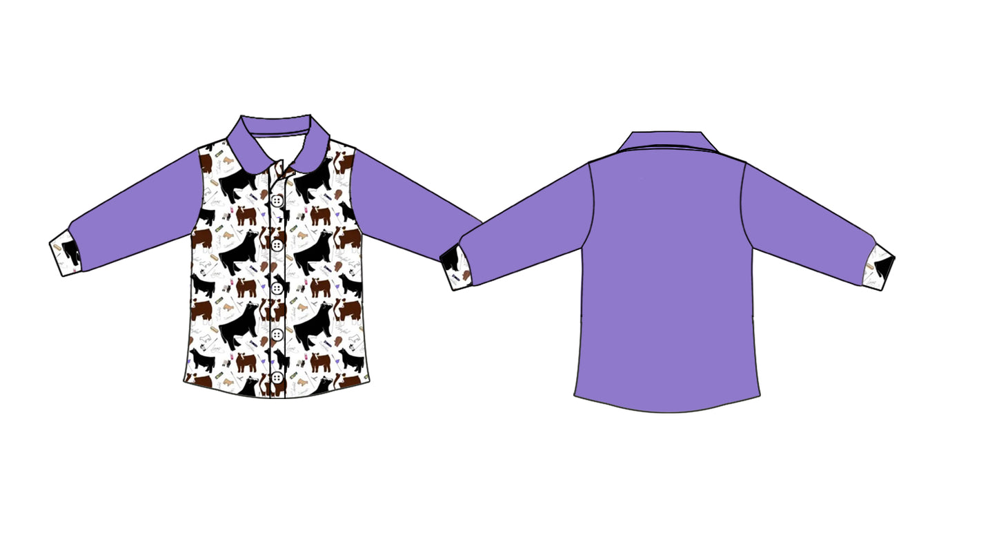 MOQ 5 PCS Preorder GT1507 Farm Animals Purple Polo Buttons Long Sleeve Girls Tops 202511