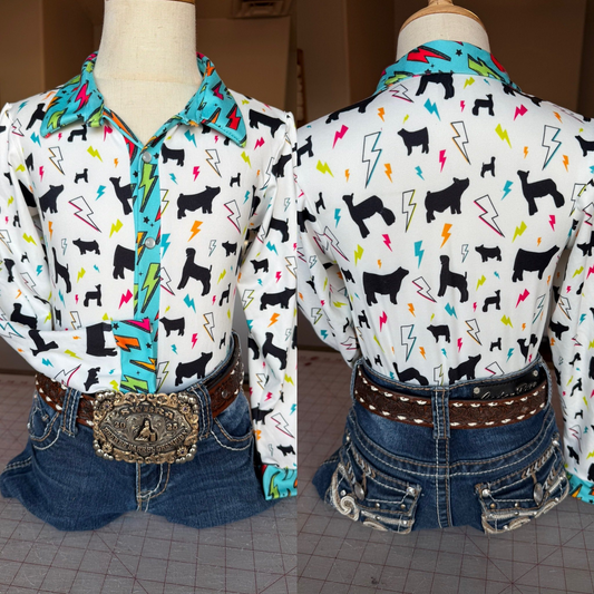 MOQ 5 PCS Preorder GT1508 Lightning Puppy Blue Green Polo Buttons Long Sleeve Girls Tops 202511