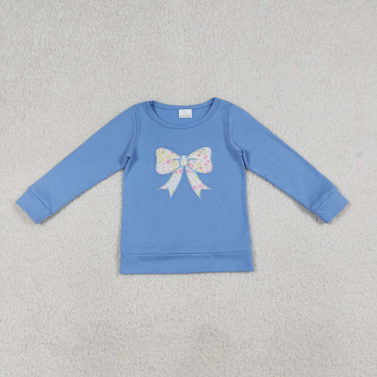 GT1538 Embroidered Flower Bow Blue Long Sleeve Girls Tops 202601 RTS