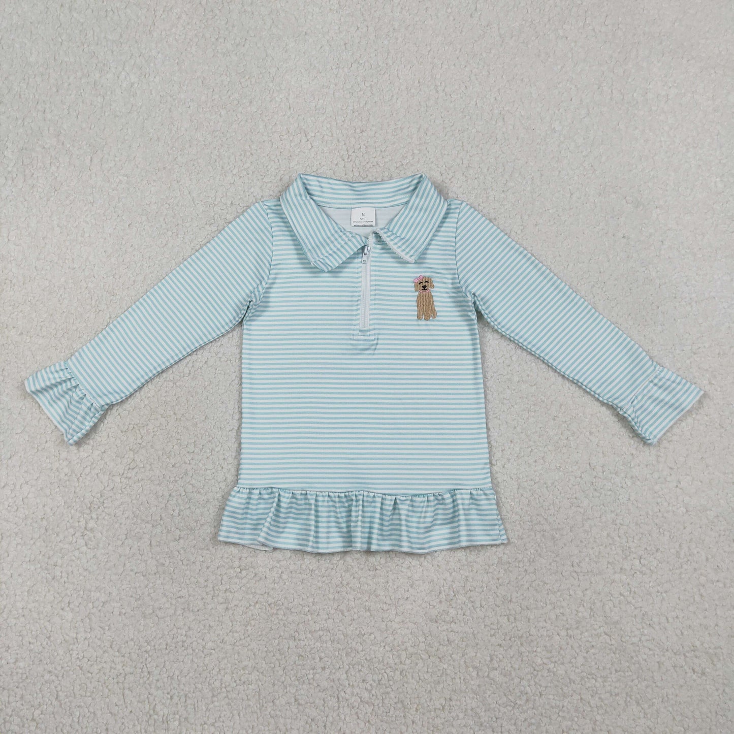 GT1543 Embroidered Puppy Blue Green Stripe Ruffle Zip Collar Long Sleeve Girls Tops 202601 RTS