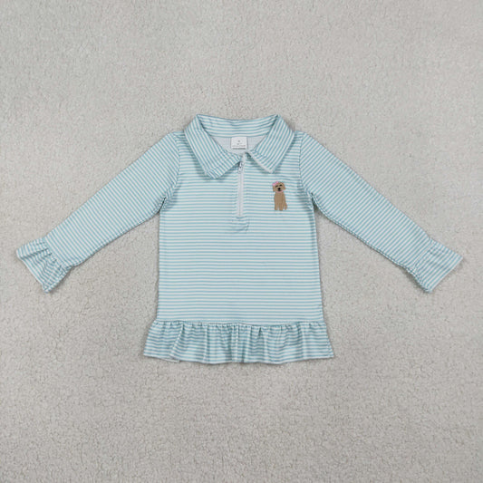 GT1543 Embroidered Puppy Blue Green Stripe Ruffle Zip Collar Long Sleeve Girls Tops 202601 RTS