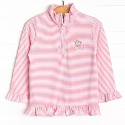 MOQ 5 PCS Preorder GT1544 Flower Pink Stripe Ruffle Zip Collar Long Sleeve Girls Tops 202512