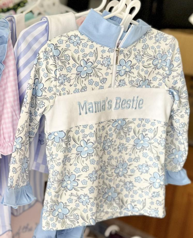 MOQ 5 PCS Preorder GT1547 MAMA'S BESTIE Flower Light Blue Zip Collar Long Sleeve Girls Tops 202512