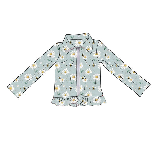 MOQ 5 PCS Preorder GT1551 Bee Flower Green Pea Ruffle Zipper Long Sleeve Girls Yoga Tops 202512