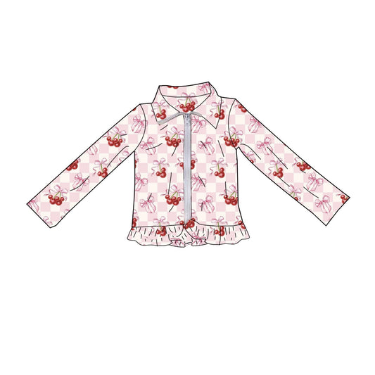 MOQ 5 PCS Preorder GT1553 Cherry Bows Pink Plaid Ruffle Zipper Long Sleeve Girls Yoga Tops 202512