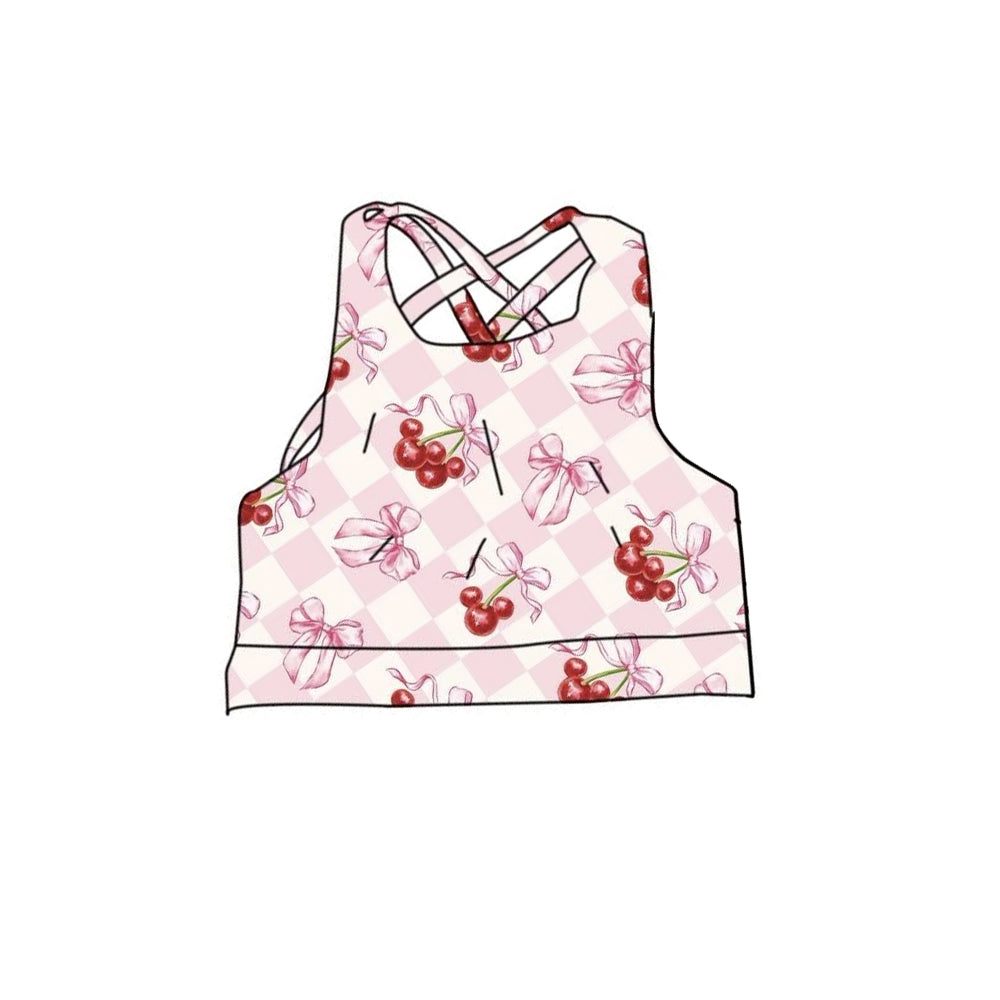 MOQ 5 PCS Preorder GT1554 Cherry Bows Pink Plaid Halter Girls Yoga Tops 202512
