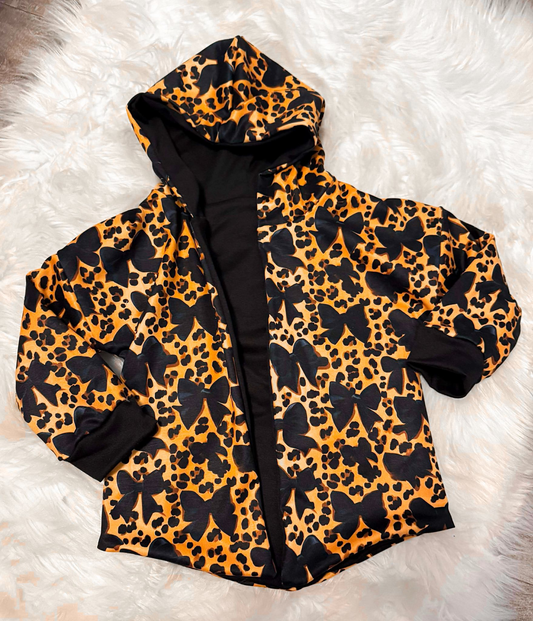 MOQ 5 PCS Preorder GT1580 Black Bows Leopard Brown Zip Hooded Long Sleeve Girls Tops 202512