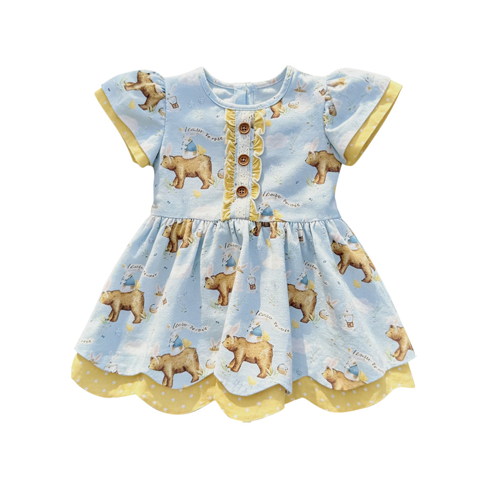 MOQ 5 PCS Preorder GT1582 Bear Rabbit Dots Yellow Blue Ruffle Flying Sleeve Girls Tops 202601