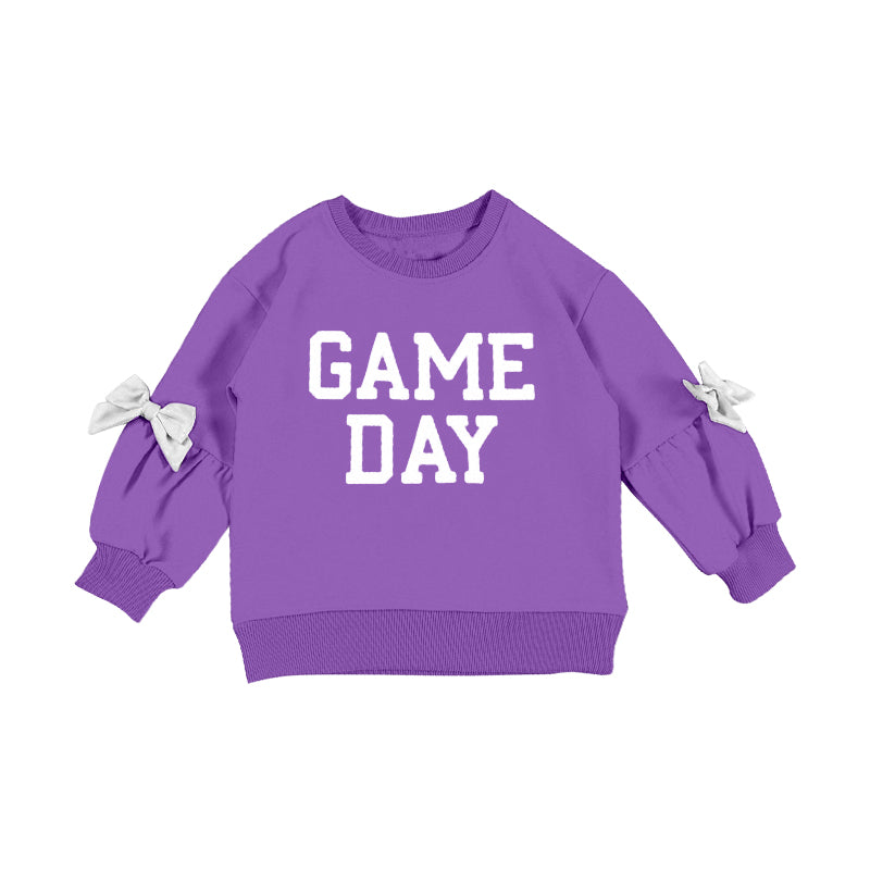 MOQ 5 PCS Preorder GT1586 GAME DAY White Bows Purple Long Sleeve Girls Tops 202601