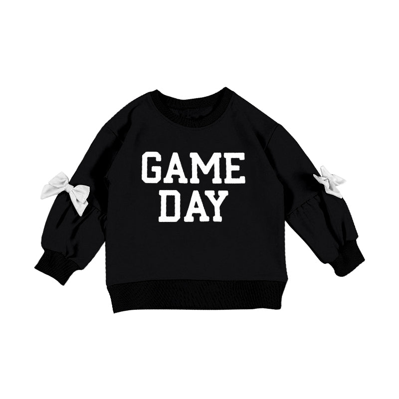 MOQ 5 PCS Preorder GT1588 GAME DAY White Bows Black Long Sleeve Girls Tops 202601