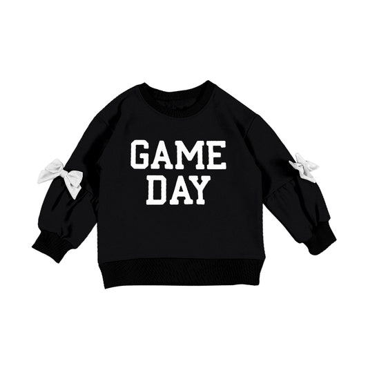 MOQ 5 PCS Preorder GT1588 GAME DAY White Bows Black Long Sleeve Girls Tops 202601