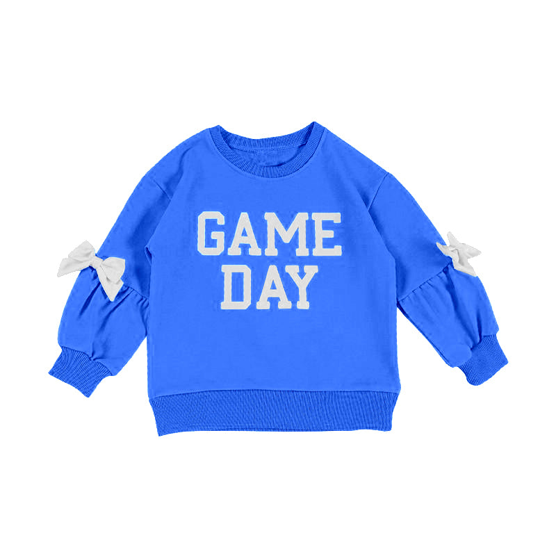 MOQ 5 PCS Preorder GT1589 GAME DAY White Bows Blue Long Sleeve Girls Tops 202601