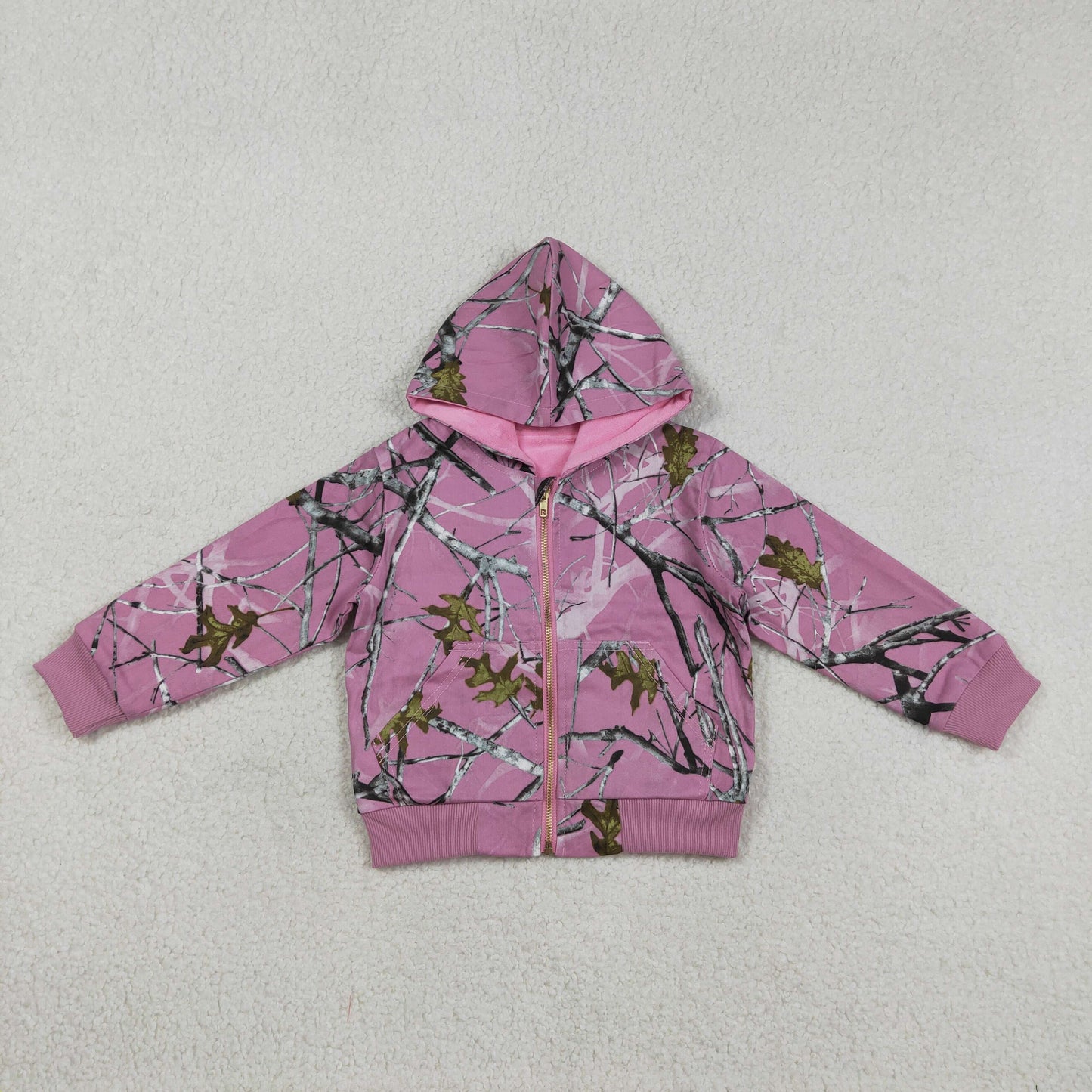 GT1591 Branches Leaves Pink Hooded Zip Sleeve Girls Tops Coat 202603 RTS