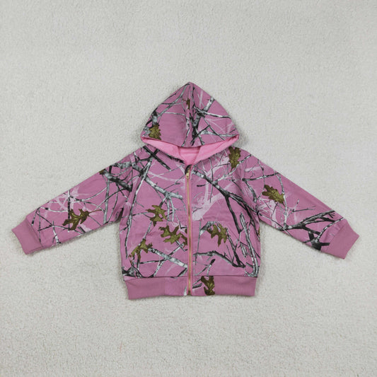 GT1591 Branches Leaves Pink Hooded Zip Sleeve Girls Tops Coat 202603 RTS