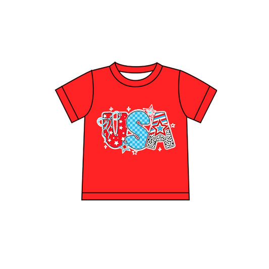 MOQ 5 PCS Preorder GT1592 4th of July USA Red Short Sleeve Girls Tops 202601