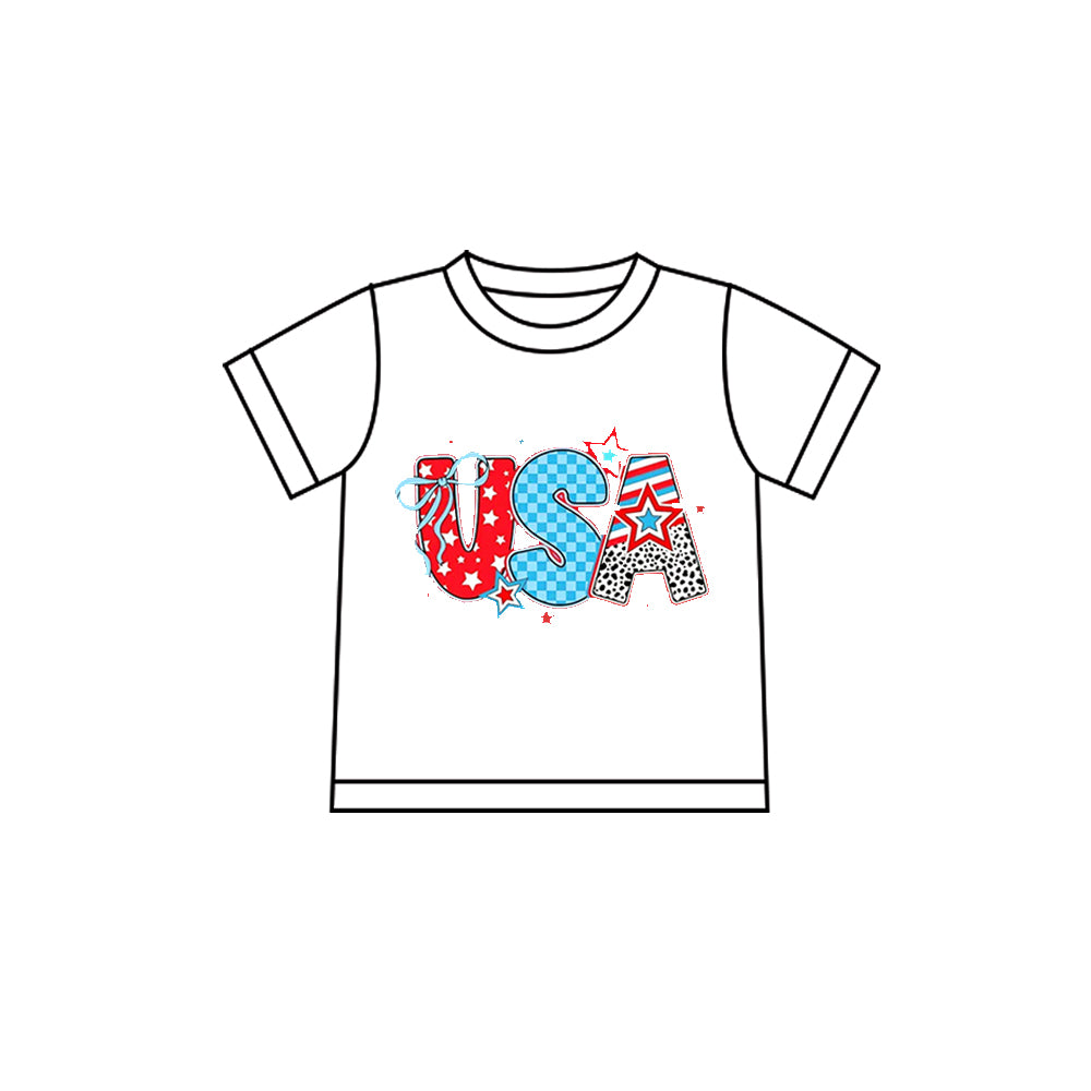 MOQ 5 PCS Preorder GT1593 4th of July USA White Short Sleeve Girls Tops 202601