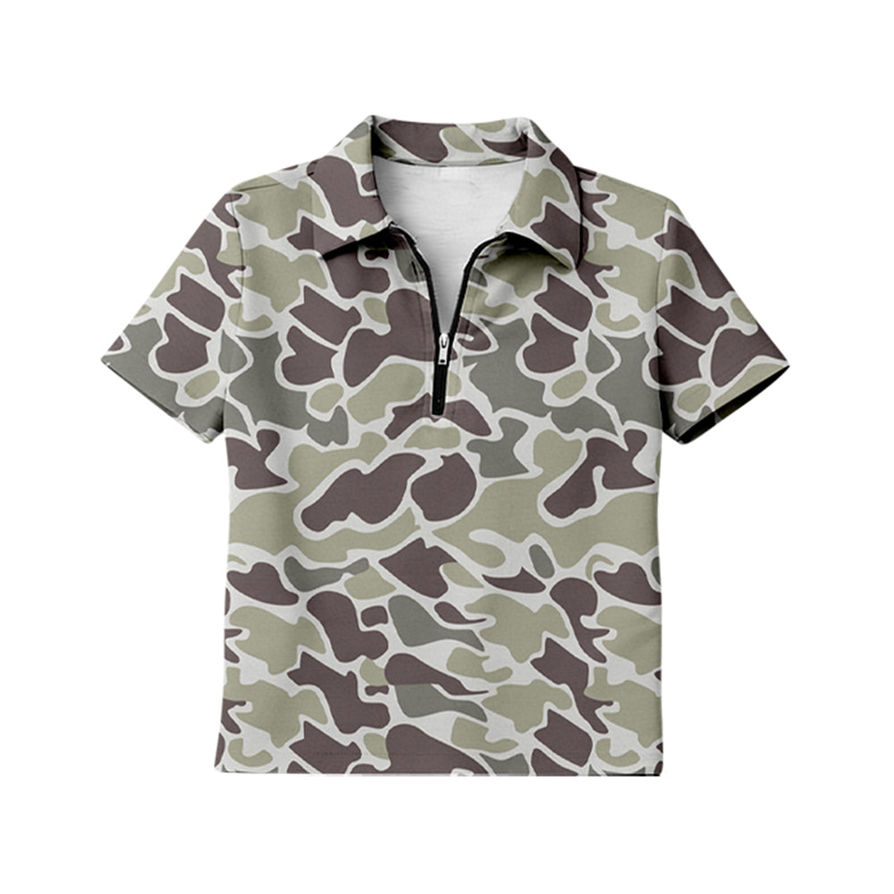 MOQ 5 PCS Preorder GT1597 Adult Female Gray Green Camouflage Zip Polo Short Sleeve Top 202601