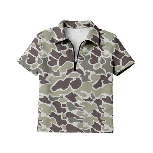 MOQ 5 PCS Preorder GT1597 Adult Female Gray Green Camouflage Zip Polo Short Sleeve Top 202601