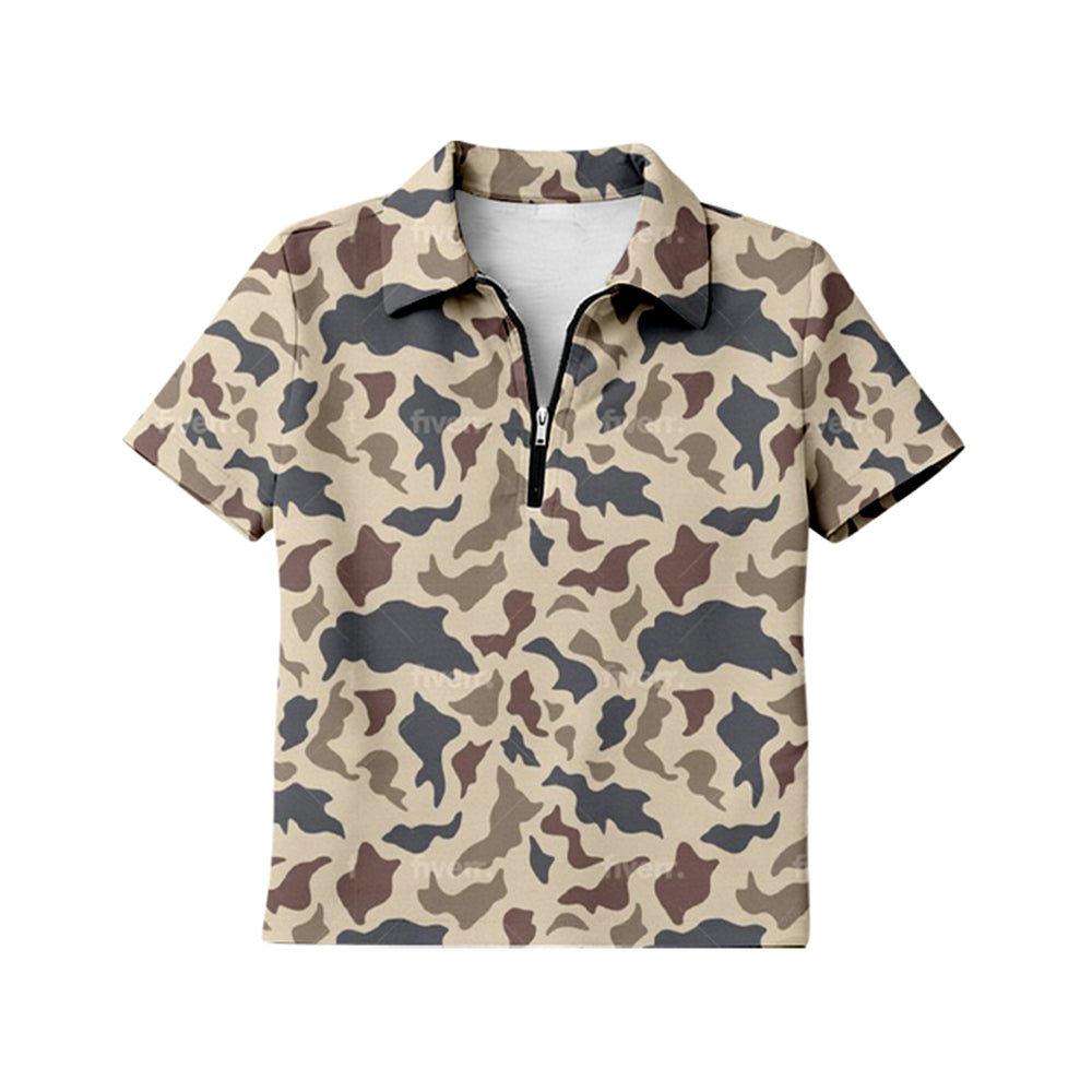 MOQ 5 PCS Preorder GT1598 Adult Female Light Brown Gray Camouflage Zip Polo Short Sleeve Top 202601