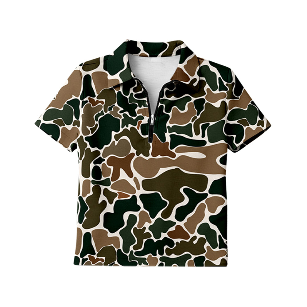MOQ 5 PCS Preorder GT1599 Adult Female Brown Green Camouflage Zip Polo Short Sleeve Top 202601