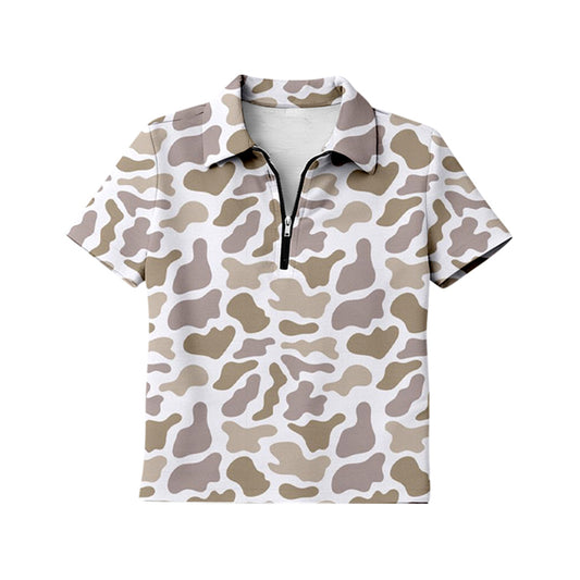 MOQ 5 PCS Preorder GT1601 Adult Female Beige Gray Brown Camouflage Zip Polo Short Sleeve Top 202601