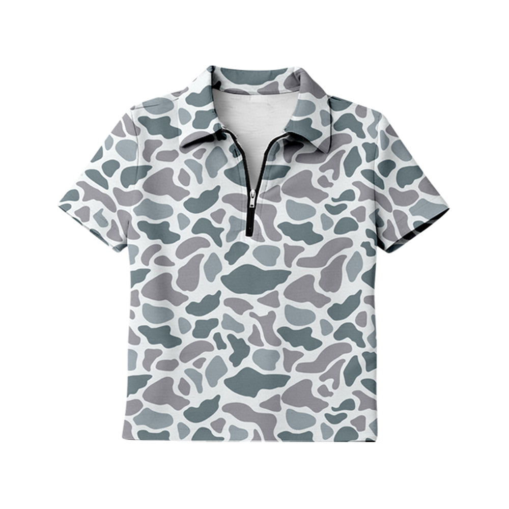 MOQ 5 PCS Preorder GT1602 Adult Female Gray Blue Camouflage Zip Polo Short Sleeve Top 202601
