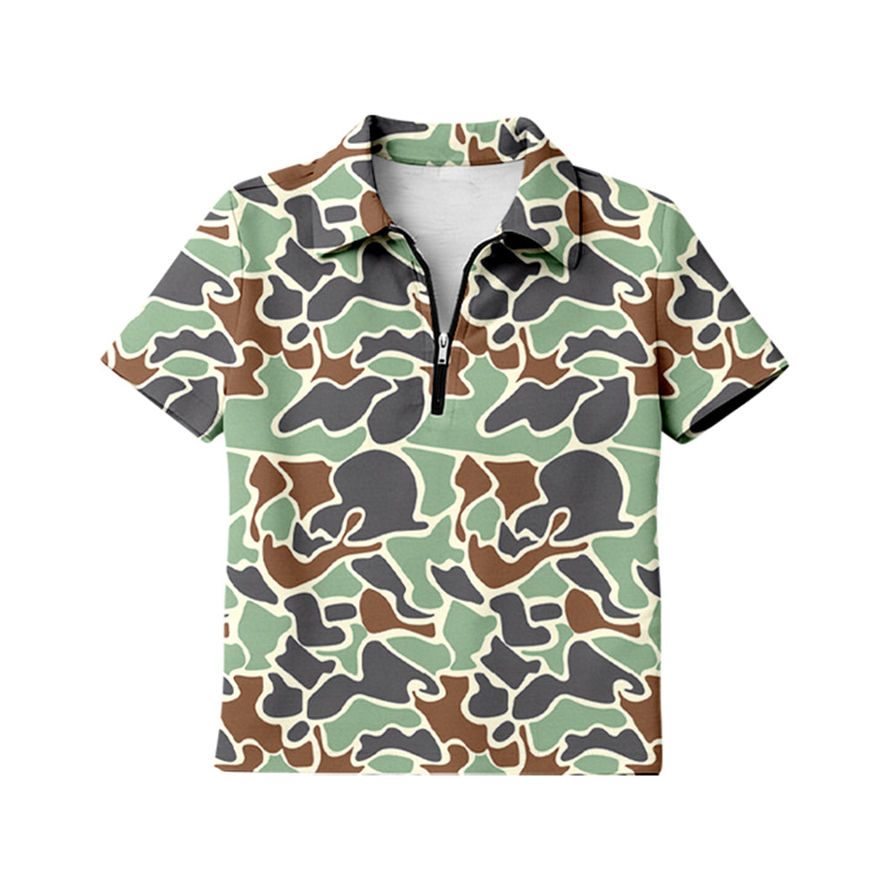 MOQ 5 PCS Preorder GT1603 Adult Female Green Camouflage Zip Polo Short Sleeve Top 202601