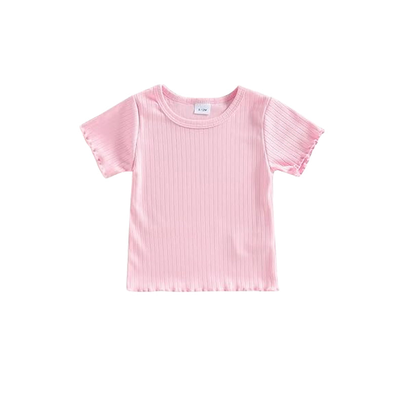 MOQ 5 PCS Preorder GT1606 Solid Pink Pit Stripe Short Sleeve Girls Tops 202601