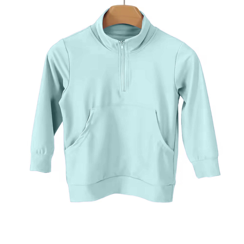 MOQ 5 PCS Preorder GT1610 Solid Light Blue Zipper Long Sleeve Girls Yoga Tops 202602
