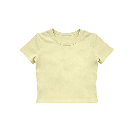 MOQ 5 PCS Preorder GT1632 Solid Light Yellow Short Sleeve Girls Yoga Tops 202604