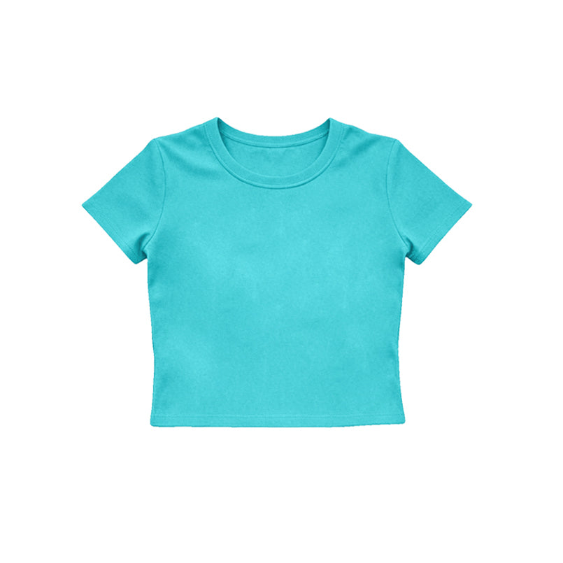 MOQ 5 PCS Preorder GT1637 Solid Blue Green Short Sleeve Girls Yoga Tops 202604