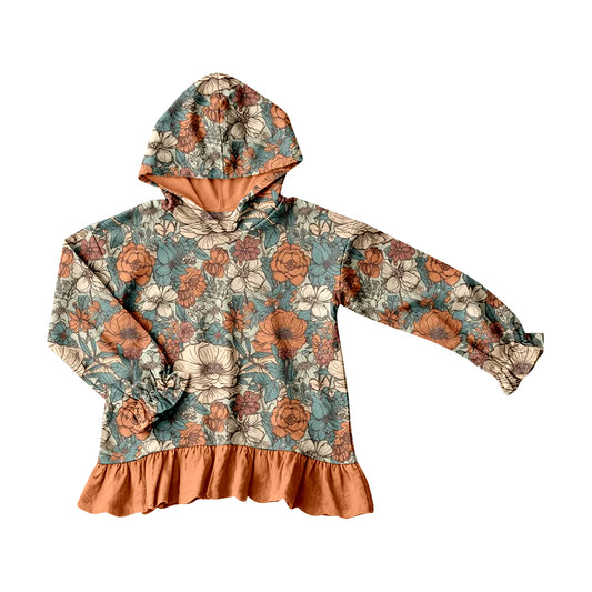 MOQ 5 PCS Preorder GT1643 Flower Leaf Orange Ruffle Hooded Long Sleeve Girls Tops 202604