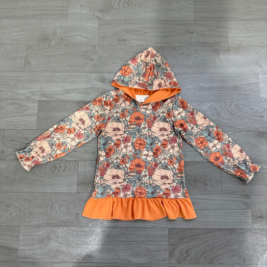 NO MOQ Preorder GT1643 Flower Leaf Orange Ruffle Hooded Long Sleeve Girls Tops 202607