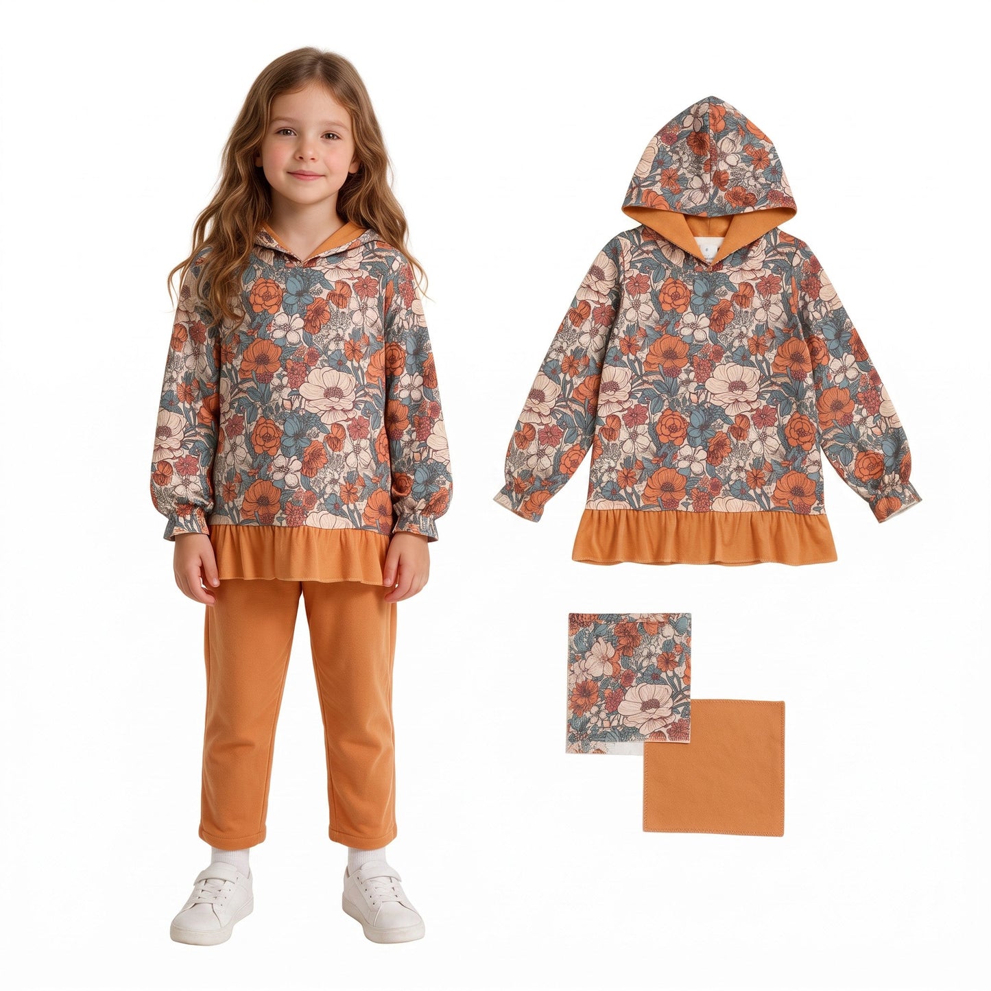 RTS GT1643 Fall Flower Orange Kids Girls Hoodie Pullover