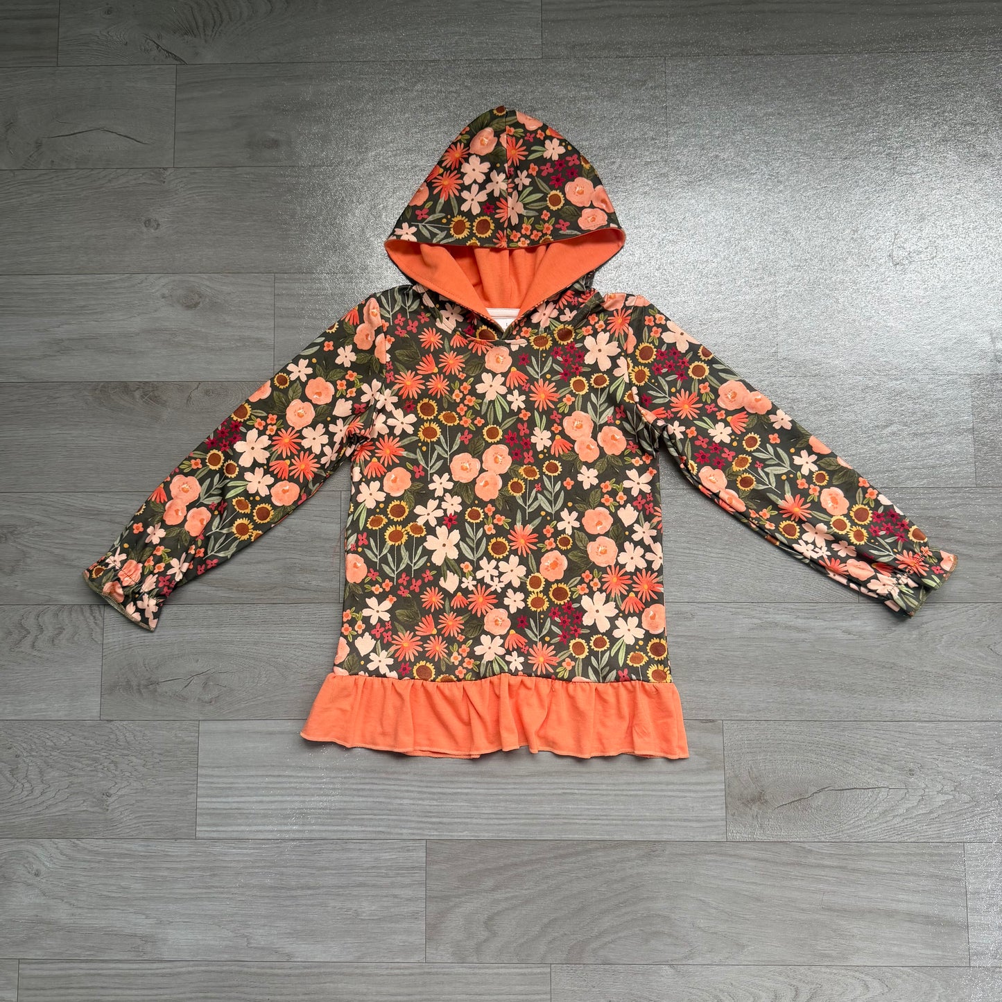 NO MOQ Preorder GT1644 Flower Leaf Orange Ruffle Hooded Long Sleeve Girls Tops 202607